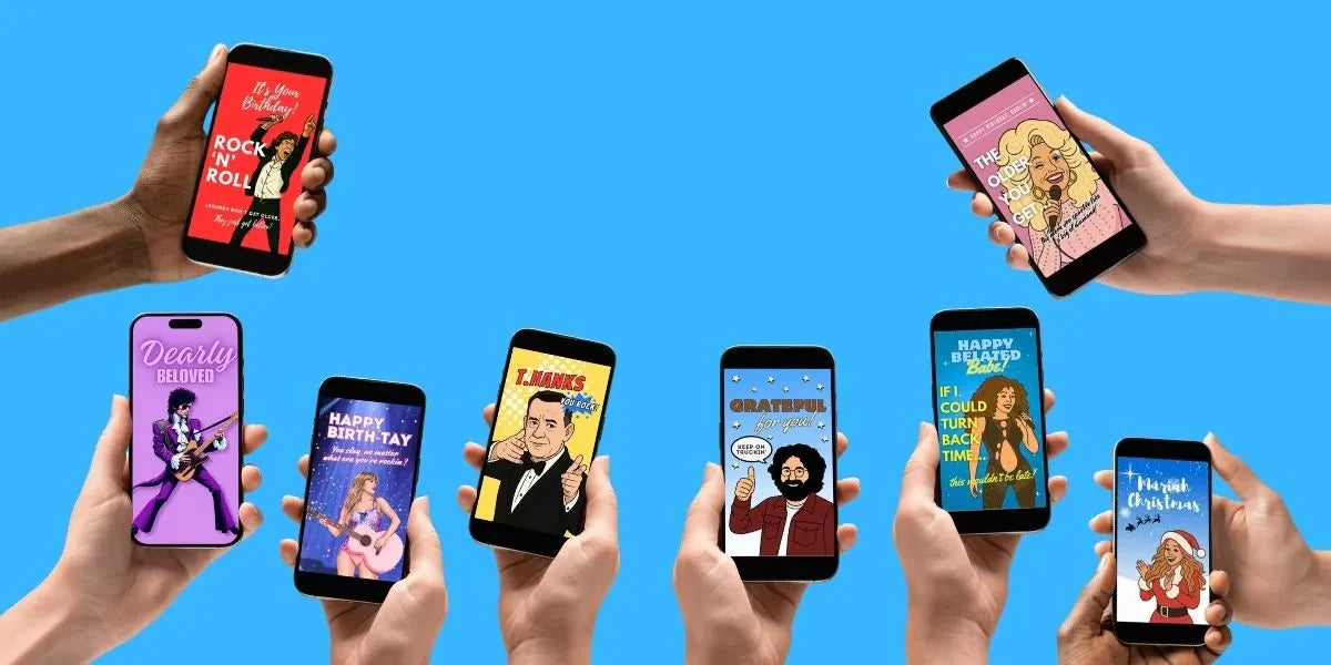 Greetigram banner showing phones displaying funny, personalized digital video eCards for birthdays and holidays.