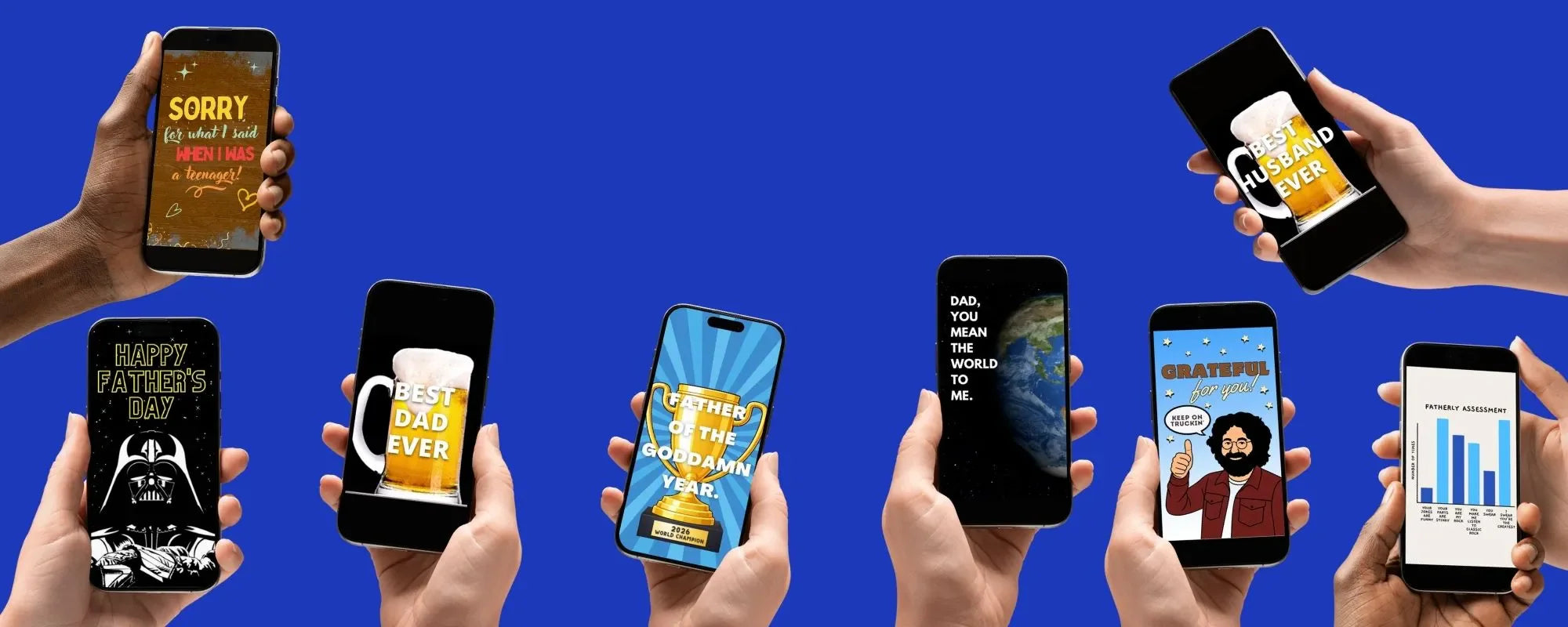 Father's Day eCards in palm of hands. Showing Darth Vader, Jerry Garcia, Best Dad Ever Award cards.