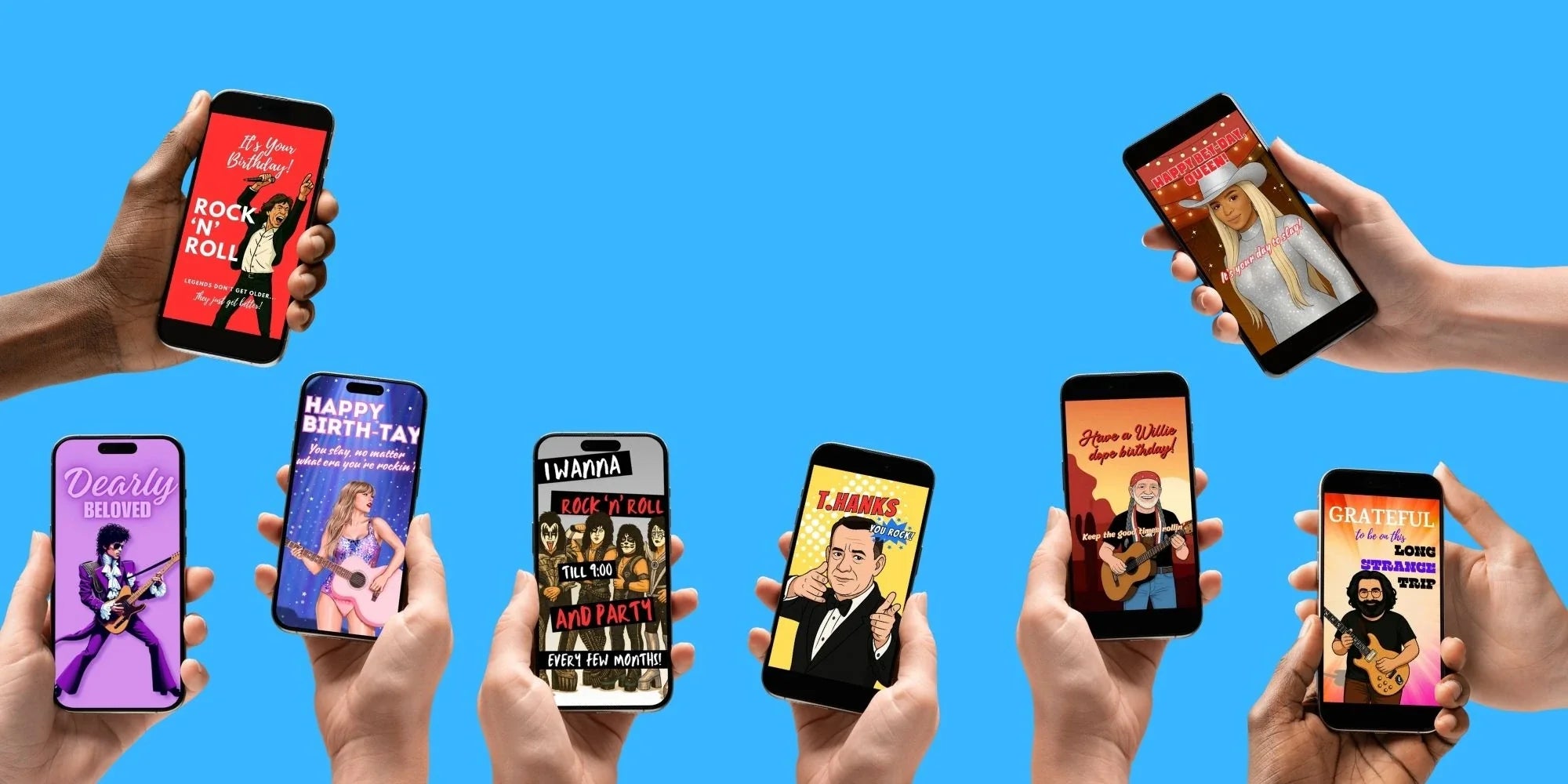 Greetigram video eCards featuring funny celebrity-inspired birthday and holiday cards. Personalized, instant video greetings you can text or email. Rock and roll, pop culture, and hilarious eCards that make birthdays unforgettable.