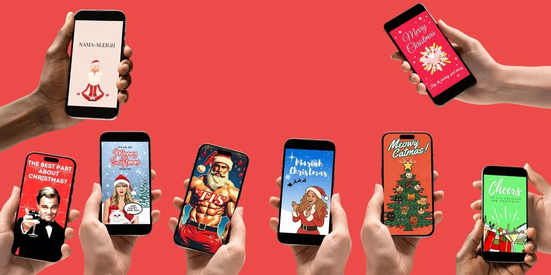 Greetigram Holiday & Christmas eCards featuring Yoga Santa, Elvis Santa, Snoop Dogg, Mariah Carey, Taylor Swift, a Maui Christmas tree with cats and dogs, and funny rock-and-roll holiday cards.