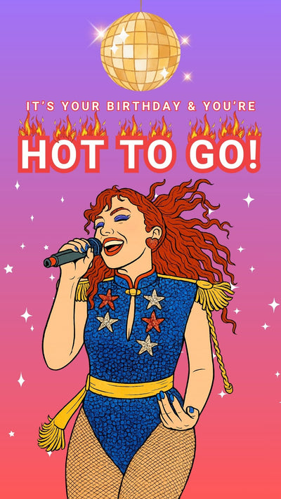 Chappell Roan birthday video eCard with glam, sass, and sparkle. On-screen text says “HAPPY BIRTHDAY. HOT-TO-GO. IT’S YOUR BIRTHDAY. YOU’RE HOT TO GO.” A 10-second digital card full of pop-star energy for fans and birthday baddies.