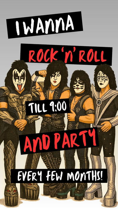 Funny KISS-inspired birthday card with rock band members and text saying ‘I want to rock ’n’ roll until nine and party every few months.
