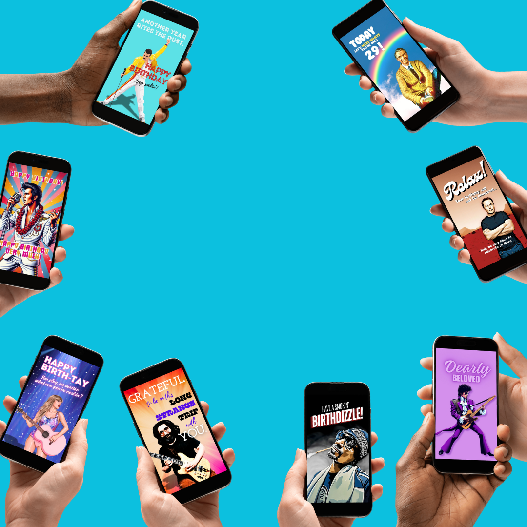 Multiple hands holding smartphones with various personalized video cards displayed on the screens. Unlimited Cards to send via email or text.