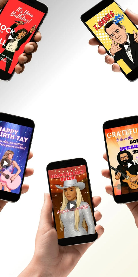 Greetigram video eCards with celebrity-inspired designs like Mick Jagger, Taylor Swift, Dolly Parton, Tom Hanks, Jerry Garcia and Beyonce. Fun, personalized digital birthday and thank-you cards you can text instantly.