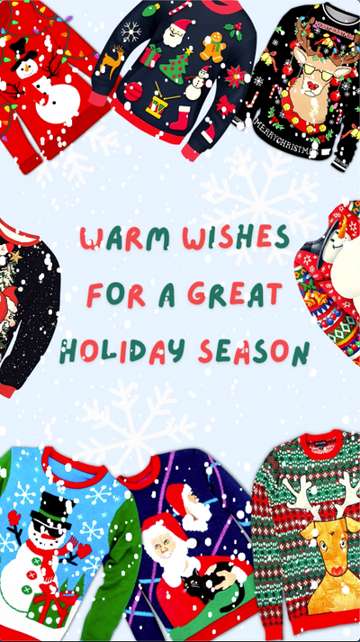 Funny Christmas video eCard featuring ugly sweaters with text “’Tis the season for ugly sweaters. Warm wishes for a great holiday season.