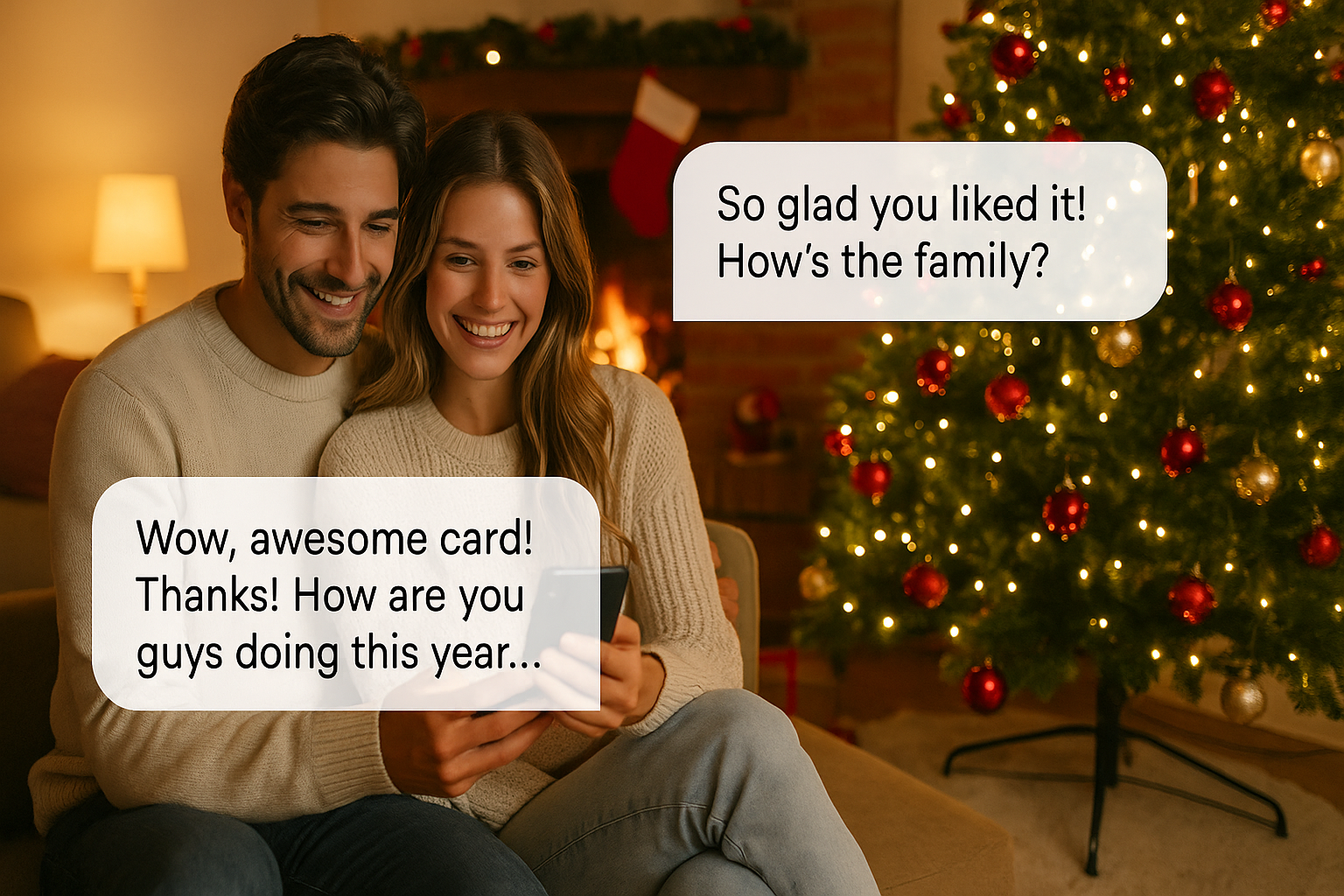 Couple viewing a Greetigram Holiday eCard and exchanging messages with the person who sent it in real time, as they thank them for their card. 