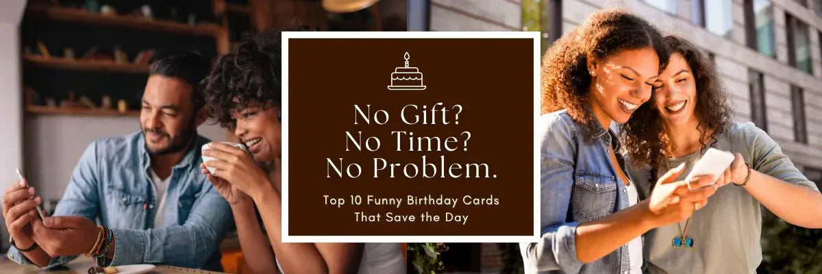Group of friends smiling while sending digital birthday cards on their phones with text that reads ‘No Gift? No Time? No Problem. Top 10 Funny Birthday Cards That Save the Day.’ Bright, cheerful image promoting Greetigram’s last-minute birthday eCards.”