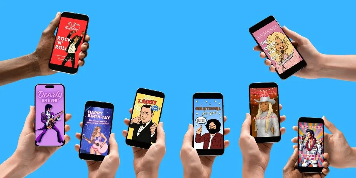 Hands holding phones showing Greetigram video eCards with celebrity-inspired designs like Taylor Swift, Dolly Parton, Prince, and Elvis against a bright blue background.