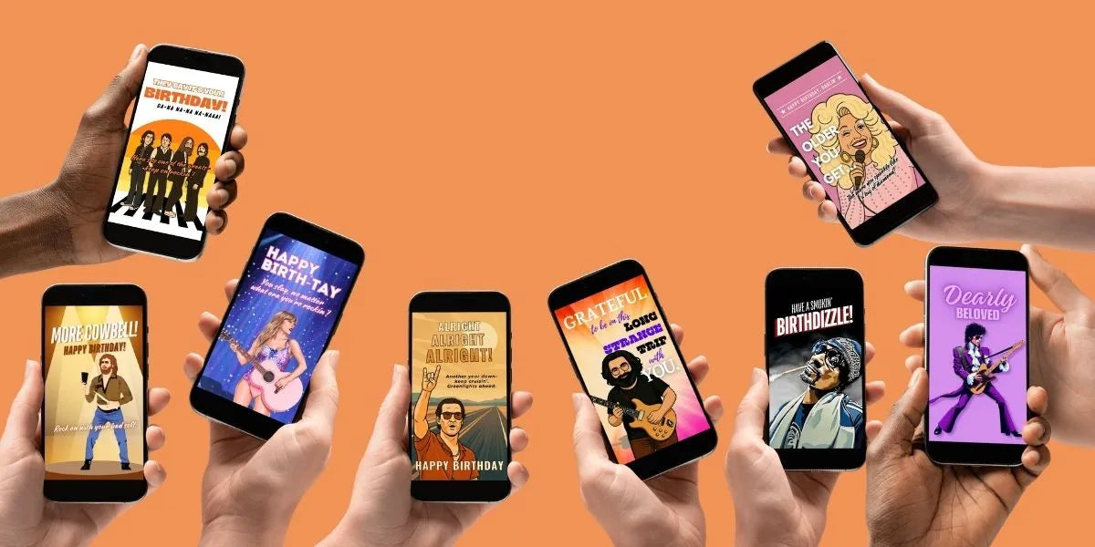 Greetigram birthday eCards featuring Will Ferrell, The Beatles, Taylor Swift, Matthew McConaughey, Snoop Dogg, Prince, and Jerry Garcia holding fun, funny, rock-and-roll video cards.