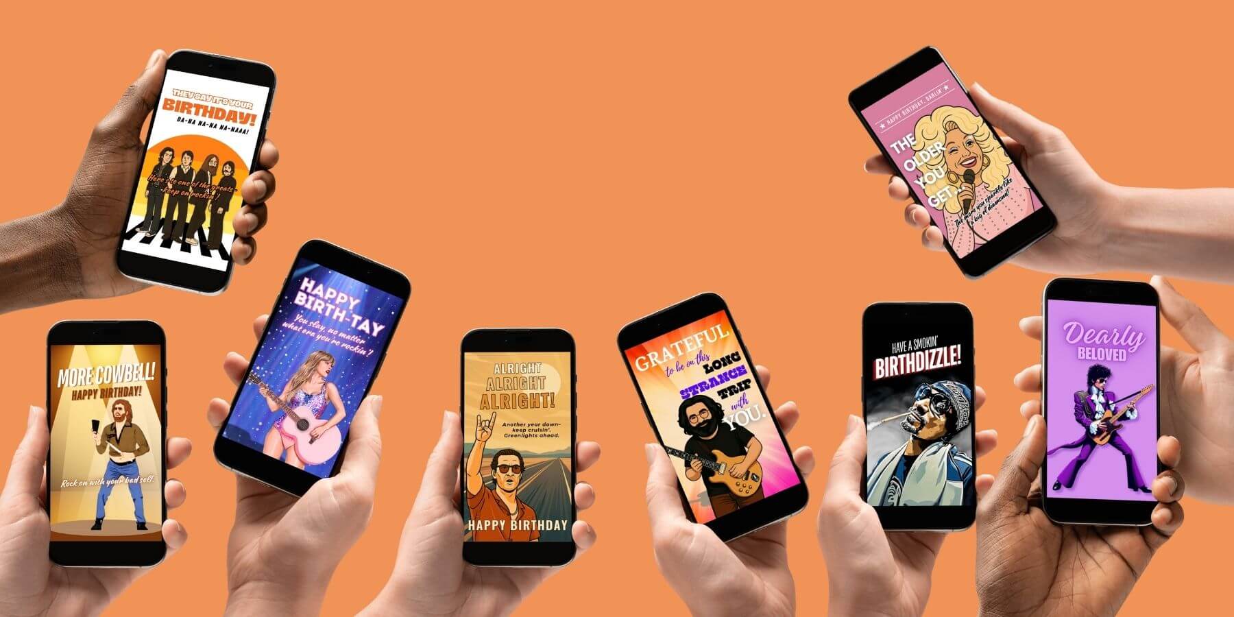 Greetigram birthday eCards featuring Will Ferrell, The Beatles, Taylor Swift, Matthew McConaughey, Snoop Dogg, Prince, and Jerry Garcia holding fun, funny, rock-and-roll video cards.