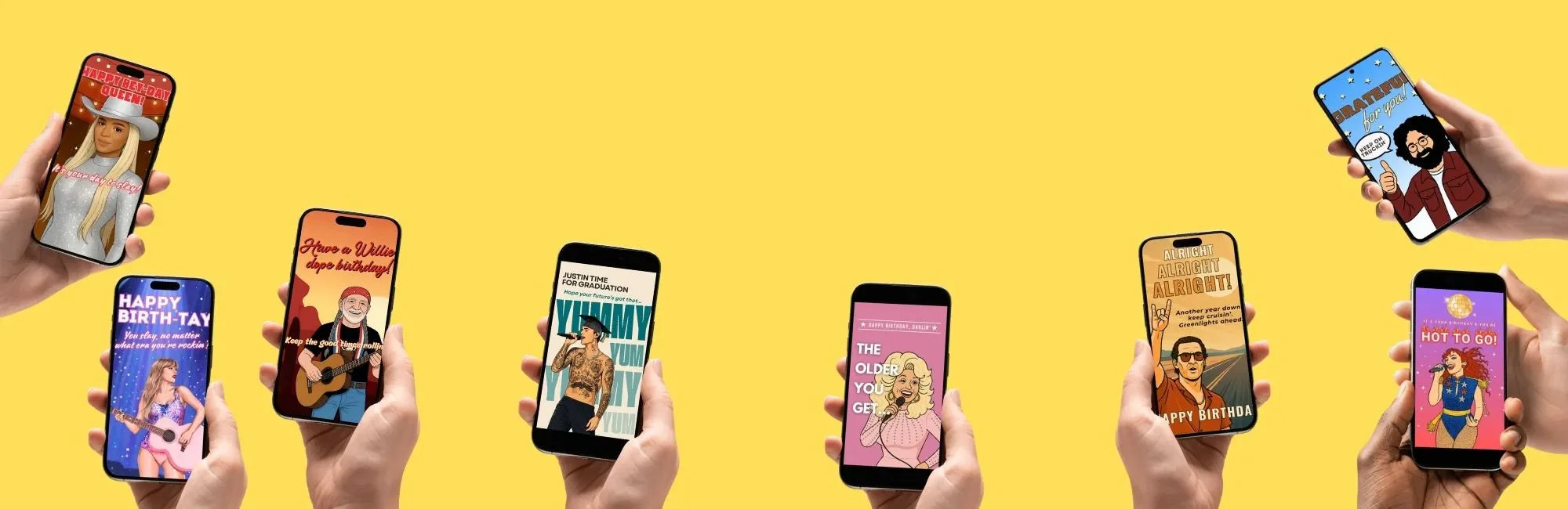 Funny celebrity birthday cards inspired by pop stars, rock legends, music icons, and internet-famous personalities sent instantly by text or email.