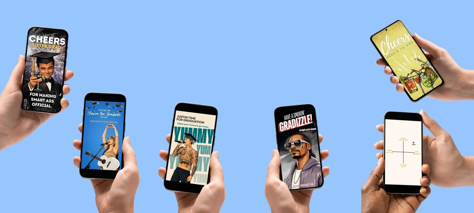 Funny graduation eCards and graduation video cards from Greetigram featuring celebrity-inspired graduation cards sent instantly by text or email