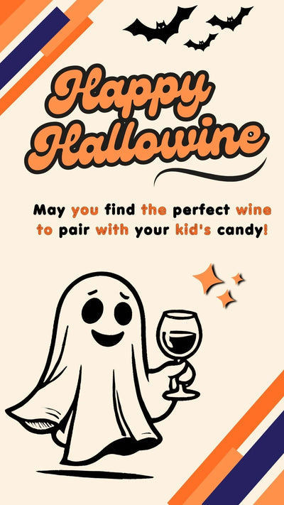 Funny adult Halloween card with a cute ghost holding a glass of wine. Text reads: “Happy Halloween WINE – may you find the perfect wine to pair with your kids’ candy.” A playful spooky card designed for wine lovers and parents.
