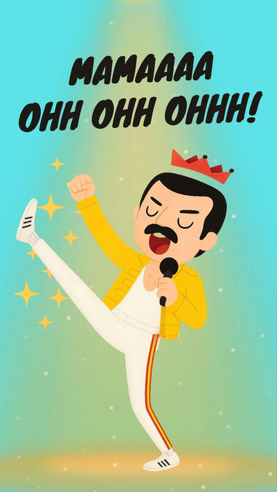A colorful animated video eCard featuring a Freddy Mercury of the band Queen singing in text 'MAMAAAA OHH OHH OHH!' on the top.