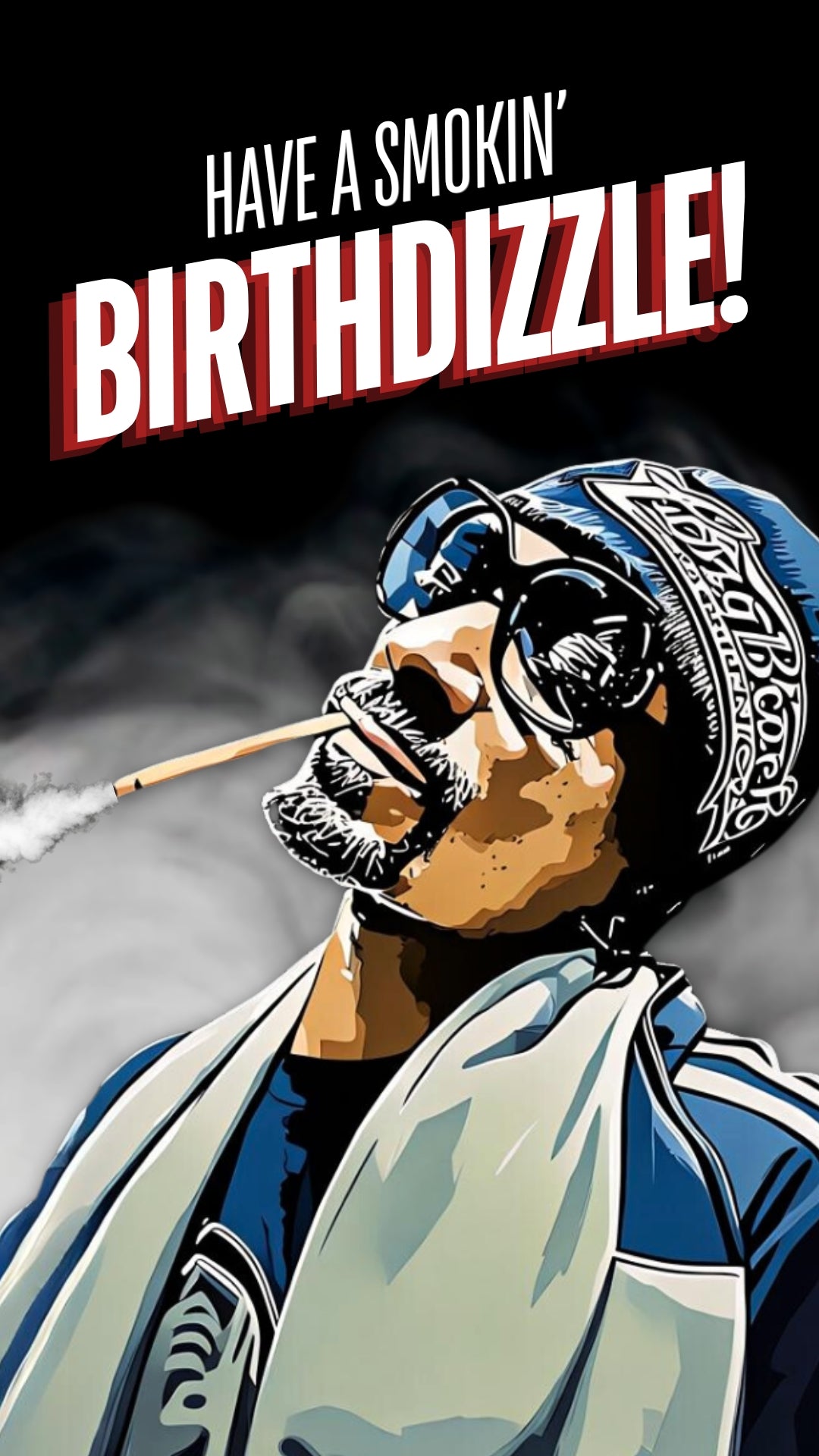 A birthday eCard featuring an illustration of Snoop Dogg with a birthday theme, including text and a humorous image.