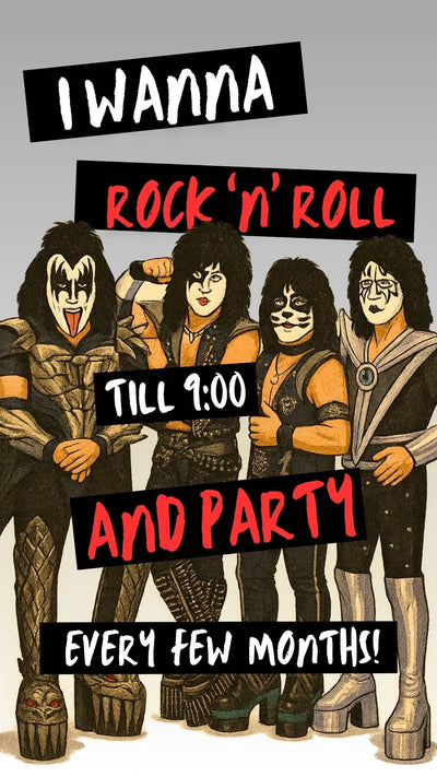 Funny KISS birthday card with rock band members and text saying ‘I want to rock ’n’ roll until nine and party every few months.