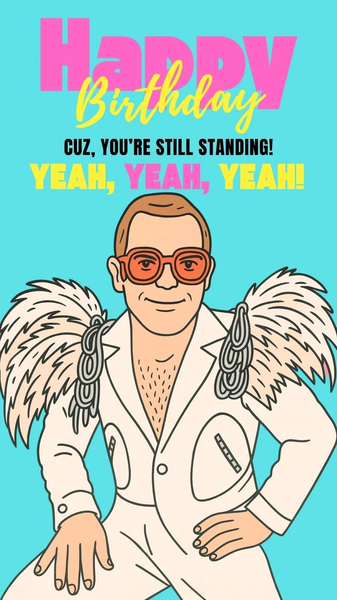 Elton John birthday video eCard — glittery pop-art style with sunglasses and piano, captioned ‘Still Standing,’ bursting with glam and energy.