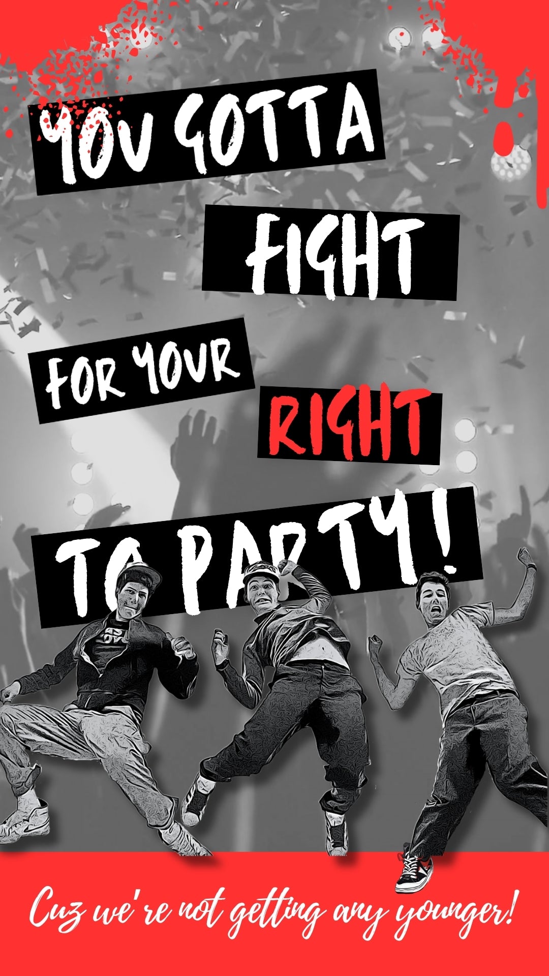 Beastie Boys-birthday ecard. message with animated characters and text, set against a black and white party backdrop.