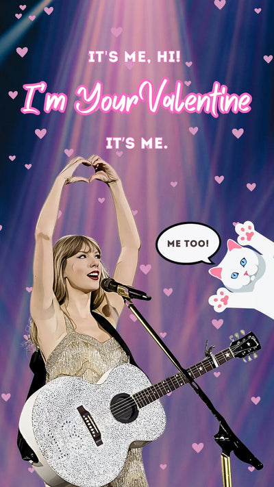 A Valentine's Day ecard featuring Taylor Swift with a guitar, singing, and holding a heart, surrounded by pink and blue hearts and a cartoon image of a cat.