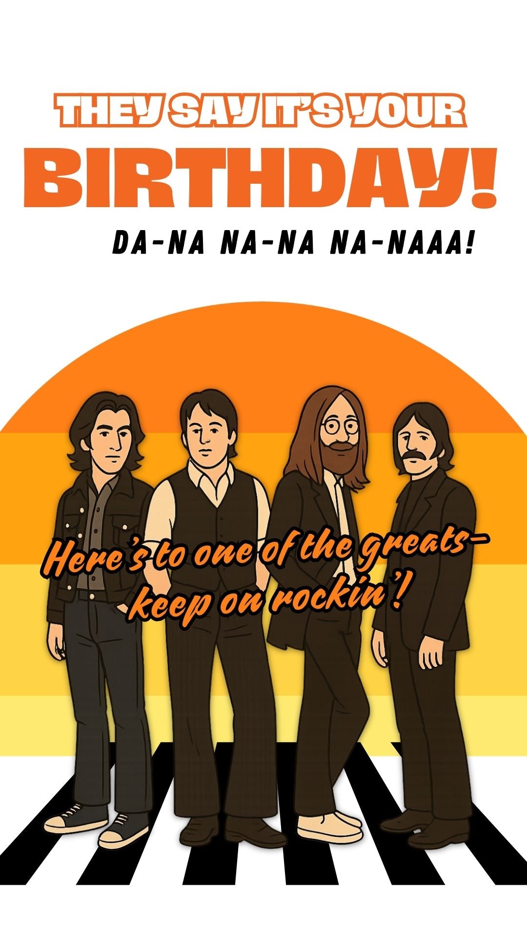Beatles birthday video eCard — pop-art band style with guitars and bright colors, captioned ‘They say it’s your birthday, keep on rocking!