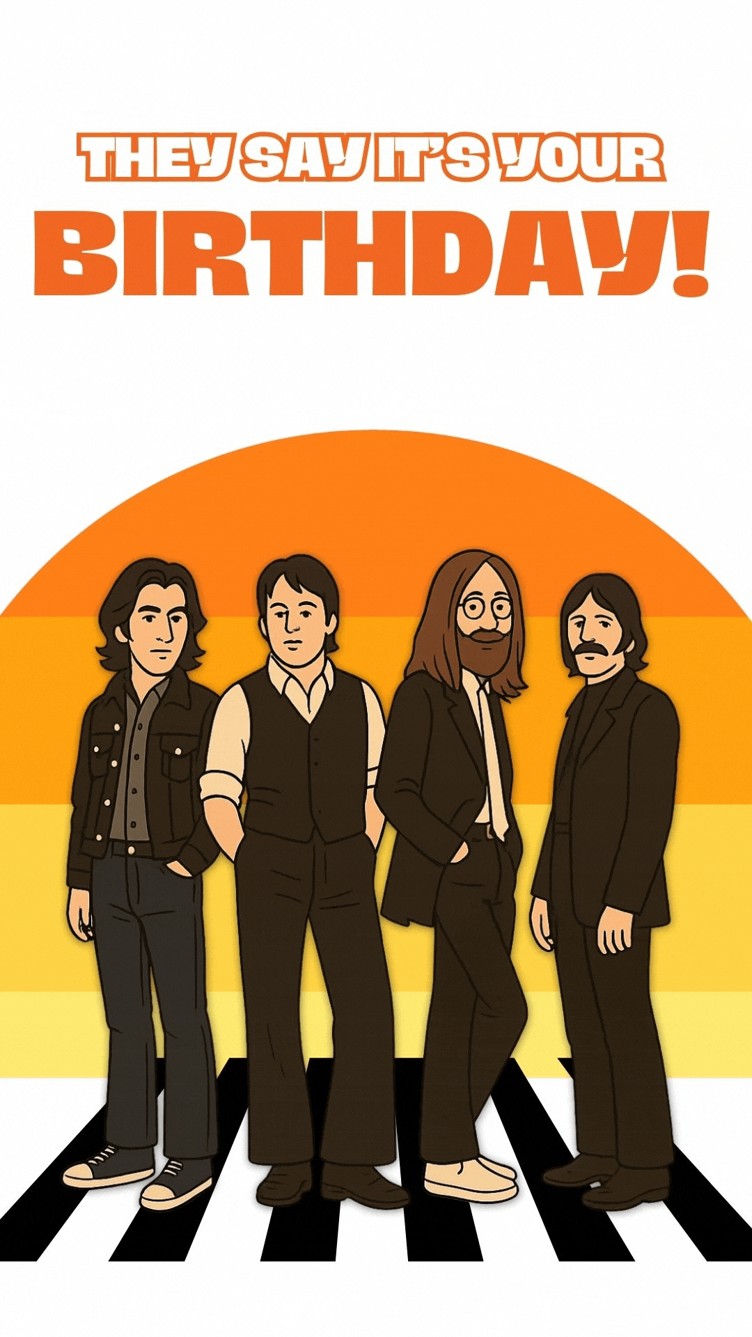 Beatles birthday video eCard — pop-art band style with guitars and bright colors, captioned ‘They say it’s your birthday, keep on rocking!