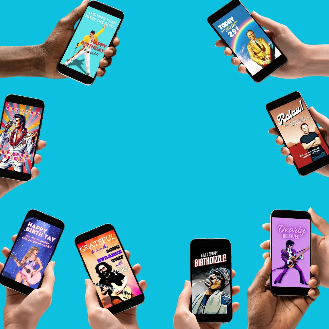 Multiple hands holding smartphones with various personalized video cards displayed on the screens. Unlimited Cards to send via email or text.