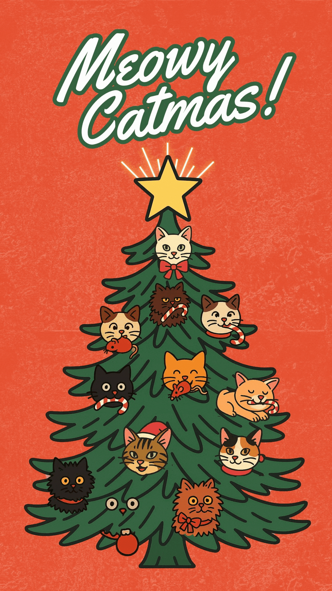 Cat holiday ecard – animated Christmas tree with cats popping out singing. Funny Christmas video eCard for cat lovers. Meowy Catmas is the title.
