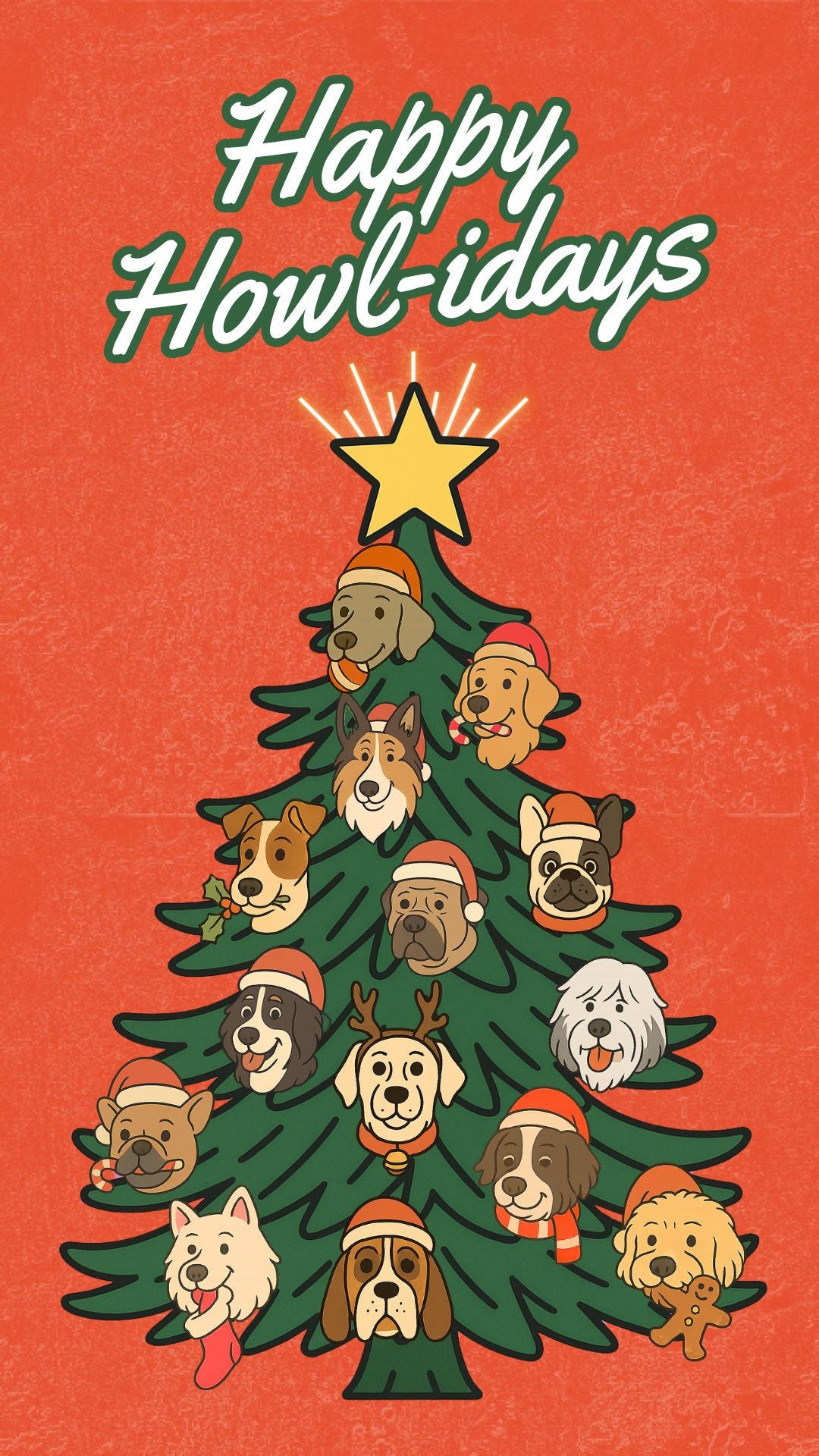 Happy Howl-idays dog holiday card – animated Christmas tree with cute dogs popping out. Funny Christmas video eCard for dog lovers.