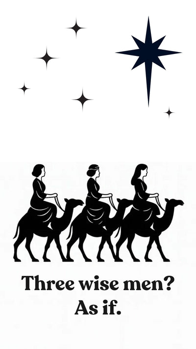 We Three Queens modern Christmas video eCard featuring a minimalist illustration of three queens traveling under a star with a witty holiday message