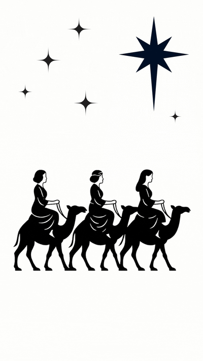 We Three Queens modern Christmas video eCard featuring a minimalist illustration of three queens traveling under a star with a witty holiday message