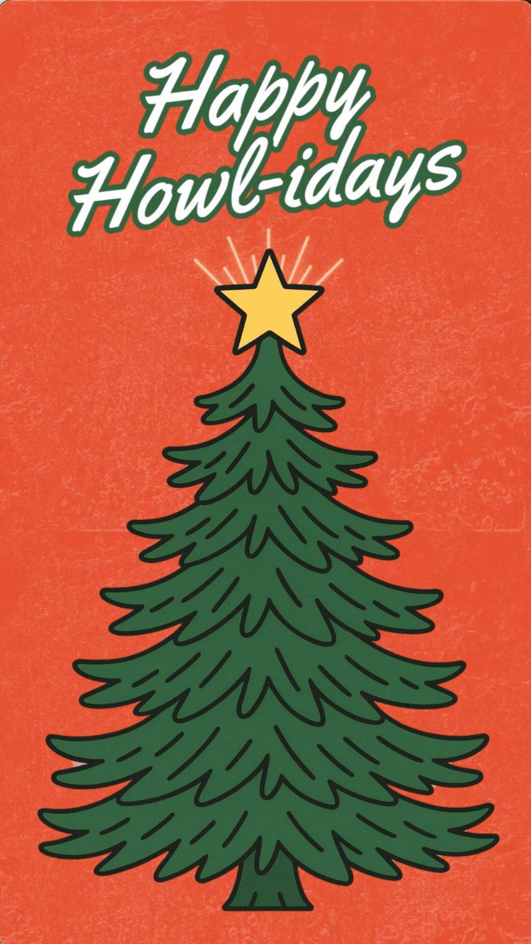 Happy Howl-idays dog holiday card – animated Christmas tree with cute dogs popping out. Funny Christmas video eCard for dog lovers.