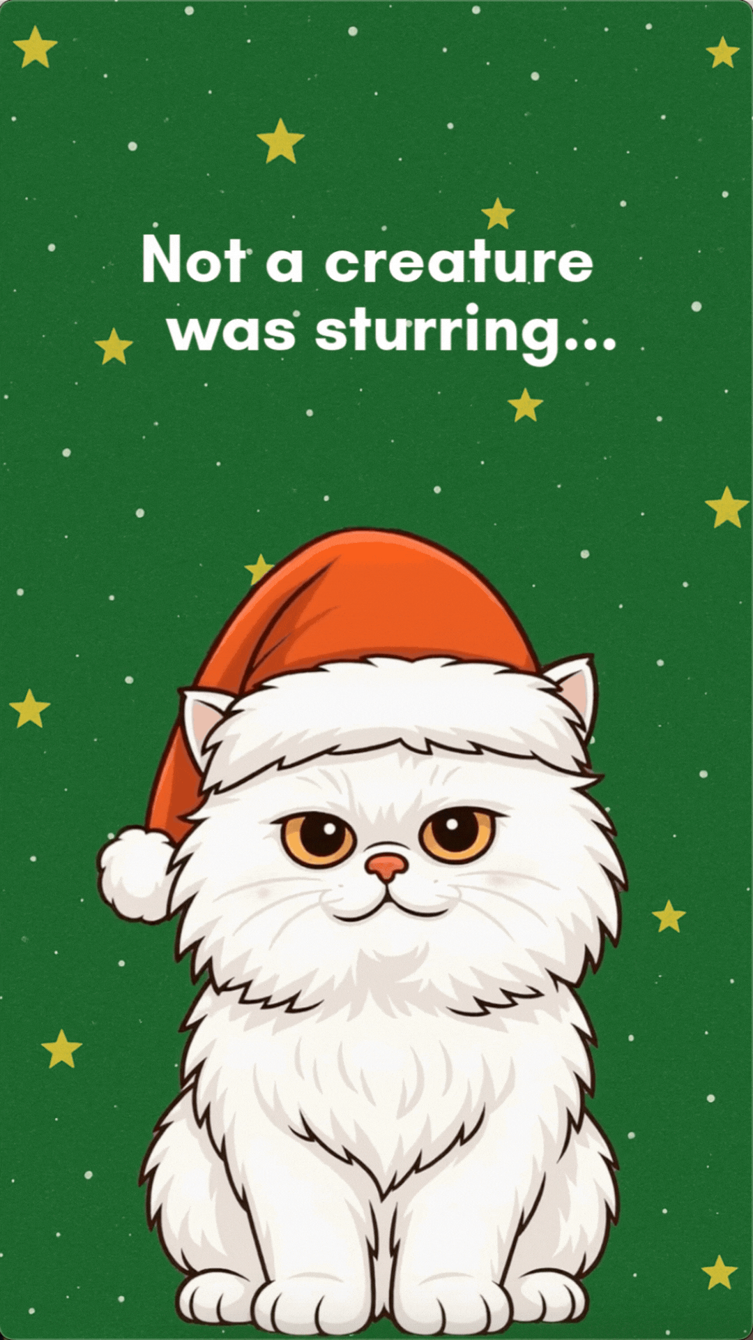 Funny Christmas eCard illustration of a grumpy white cat in a Santa hat with a ‘Meowy Cat-Mas’ bubble on a green snowy holiday background.