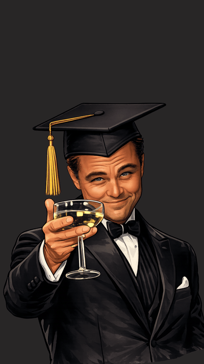 Funny Leonardo DiCaprio-inspired graduation video card with fireworks and champagne toast illustration