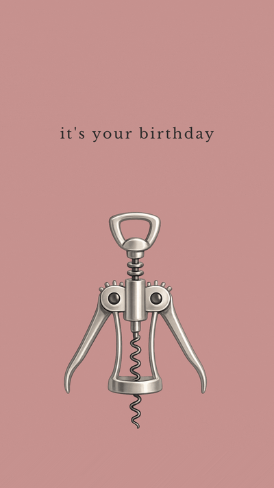Funny wine birthday video eCard featuring a corkscrew raising its arms with the words “Hooray! It’s your birthday.