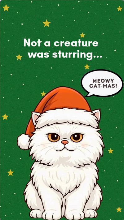 Funny Christmas eCard illustration of a grumpy white cat in a Santa hat with a ‘Meowy Cat-Mas’ bubble on a green snowy holiday background.