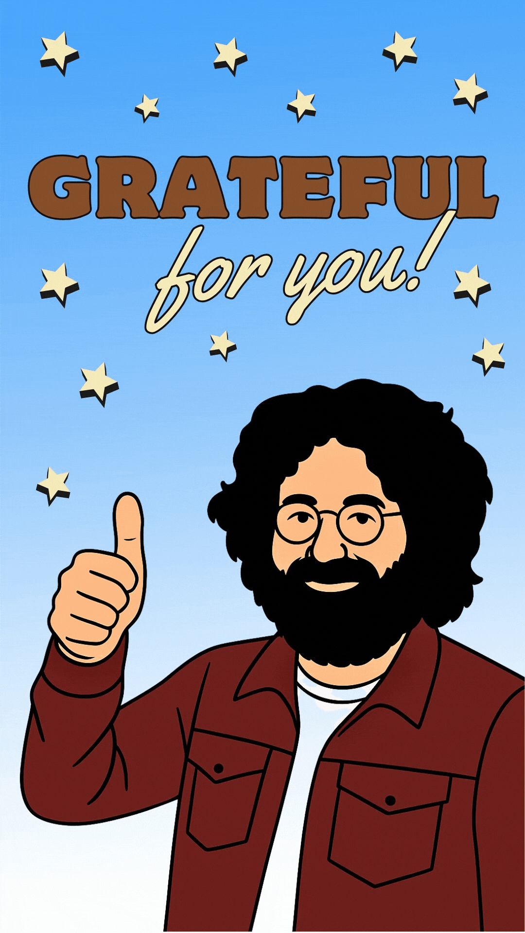 Grateful Dead birthday and thank-you video eCard featuring Jerry Garcia. On-screen text reads “Grateful for you. Keep on Truckin’.” A 10-second digital card with classic Dead vibes, perfect for Deadheads, friendship, and gratitude or birthday ecard messages.