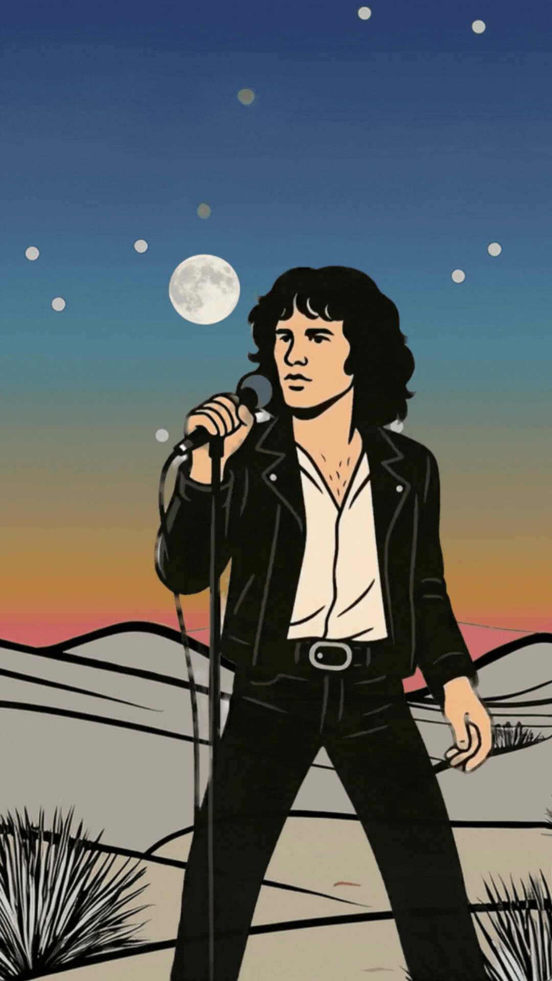 Jim Morrison birthday video eCard with psychedelic stage vibe, rock-and-roll swagger, and on-screen text “Hello, I love you. Happy Birthday. My friend, ’til the end.” The Doors–style design with mystique and nostalgia for music fans.