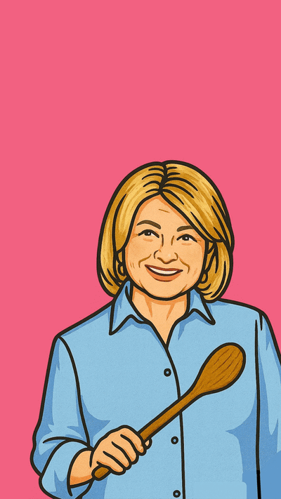 Martha Stewart birthday video eCard — holding a wooden spoon on a pink background, captioned ‘Aging backwards… It’s a good thing!