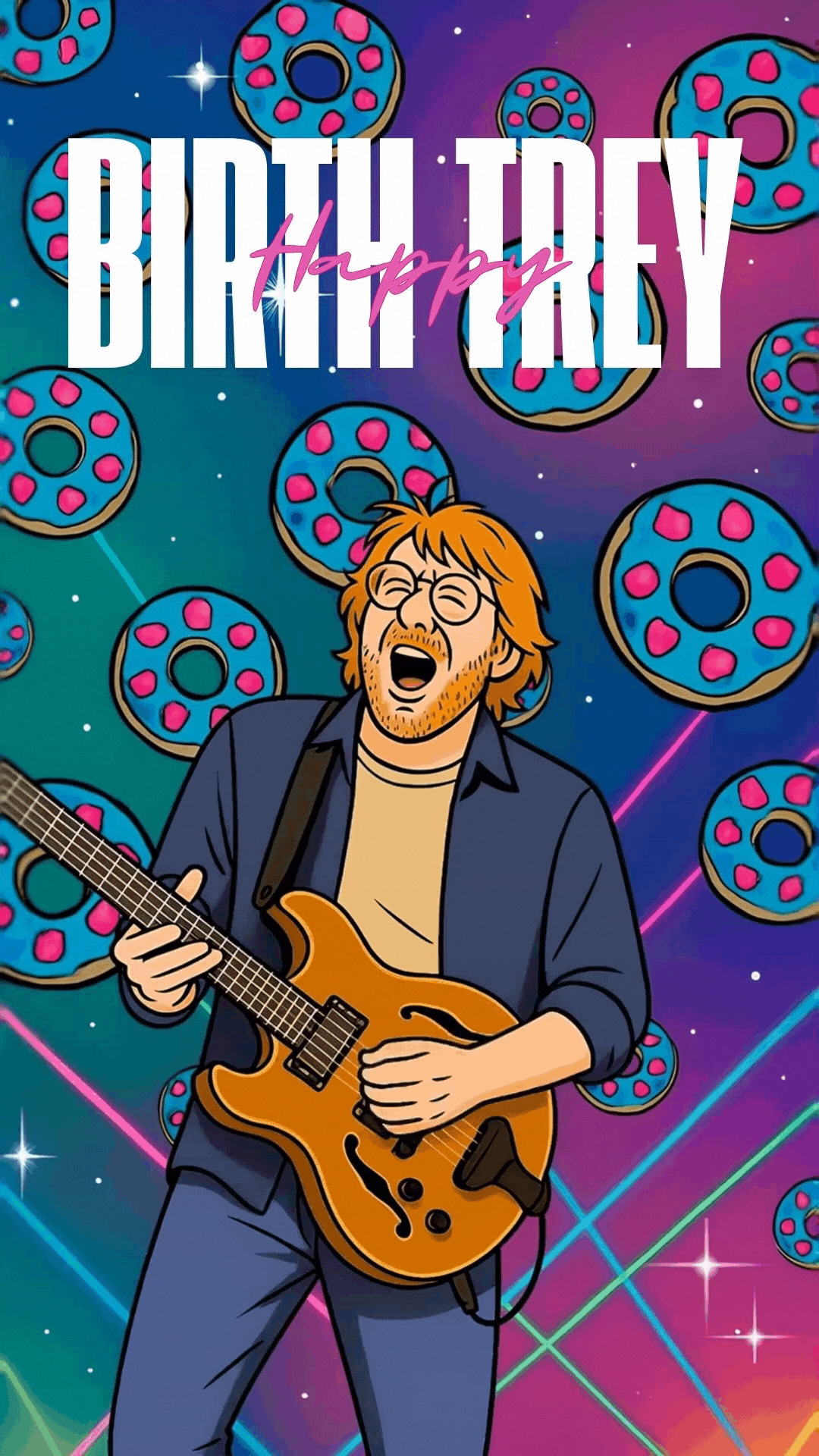 Phish-inspired birthday video eCard — Trey-style guitarist on a colorful jam-band background, captioned ‘Happy Birthday Trey, may this year be one long, beautiful jam.