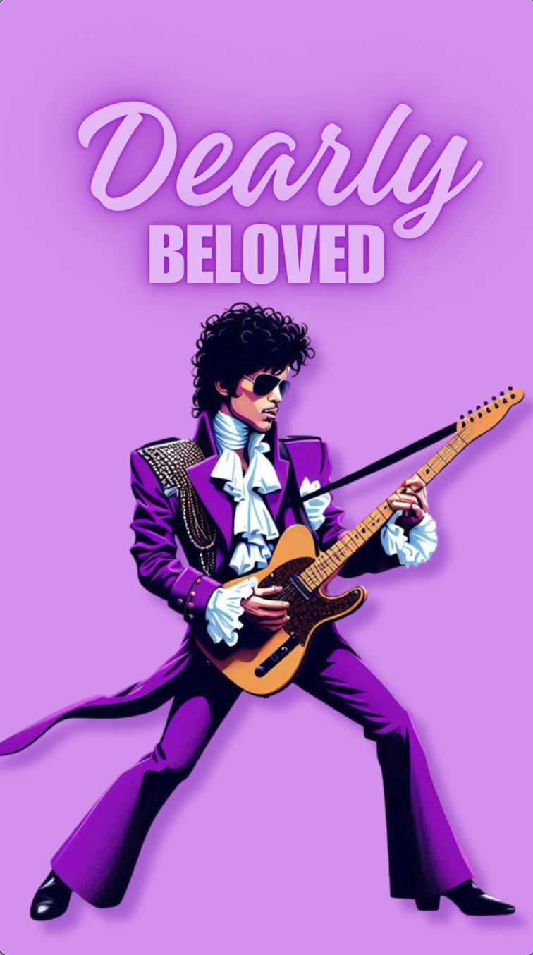 A Prince-inspired birthday eCard featuring an illustration of a person playing a guitar in a purple outfit against a purple background with the text 'Dearly Beloved'.