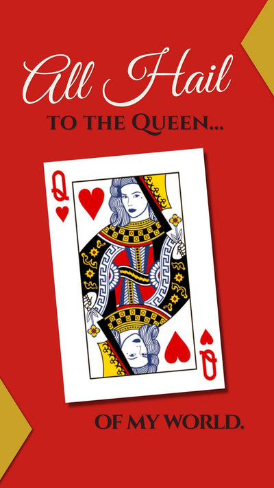 Queen of Hearts Mother’s Day video eCard with red background and royal typography reading “All Hail to the Queen of My World.