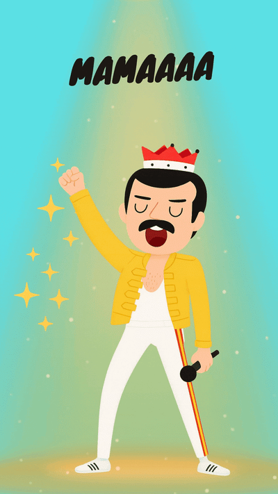 A colorful animated video eCard featuring a Freddy Mercury of the band Queen singing in text 'MAMAAAA OHH OHH OHH!' on the top.