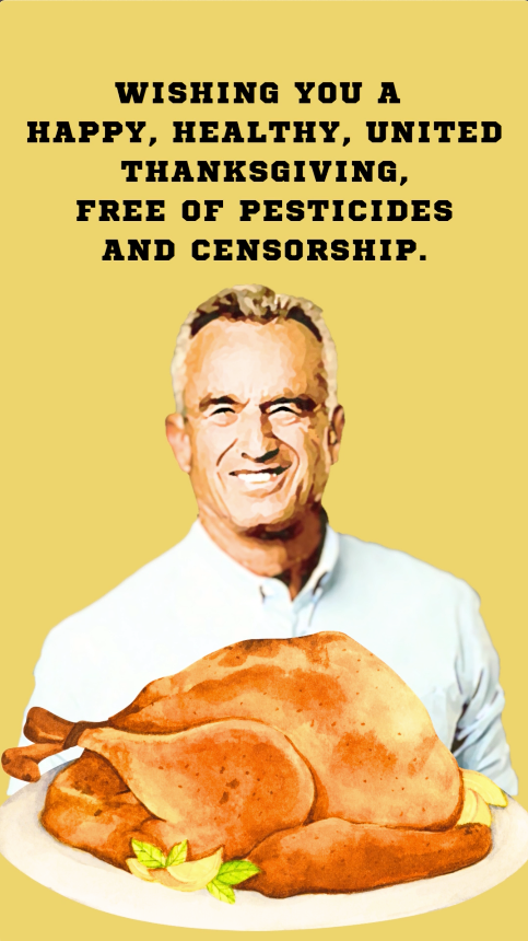 RFK Jr.–inspired Thanksgiving eCard with clean text design reading “Happy, healthy, united Thanksgiving—free of pesticides and censorship.” Playful adult holiday card.