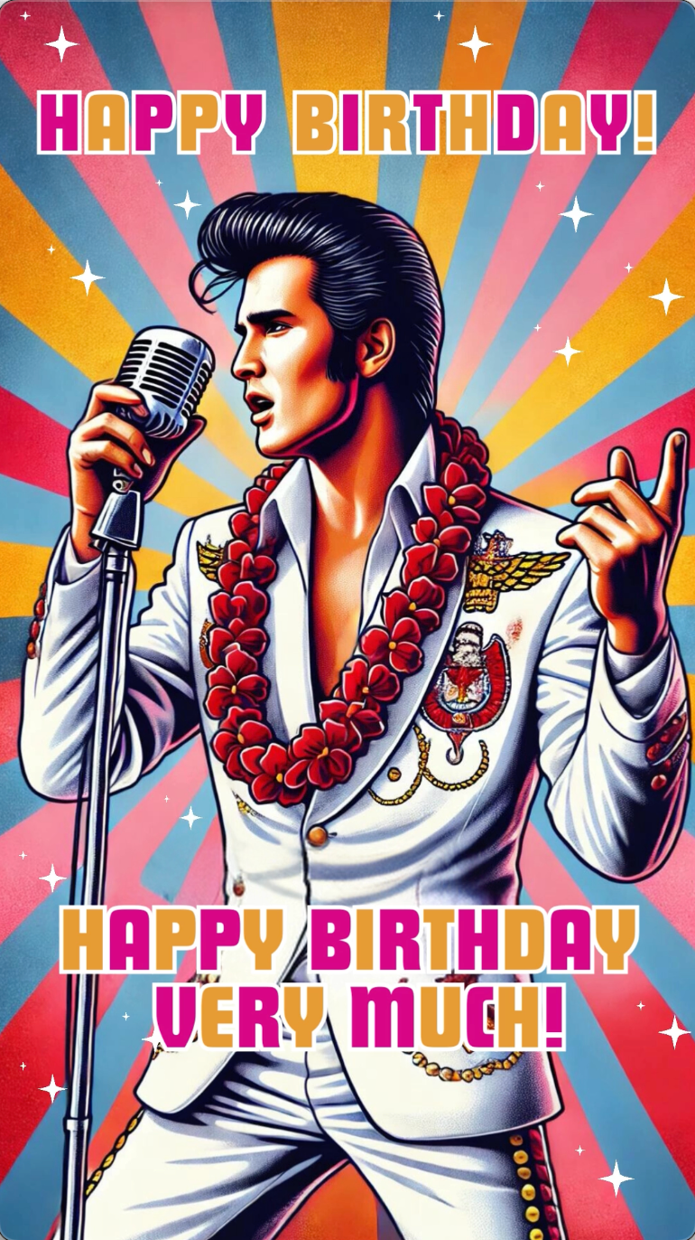 An illustrated eCard featuring Elvis Presley in a white suit with a red lei, holding a microphone, with colorful background and text 'Happy Birthday!'.