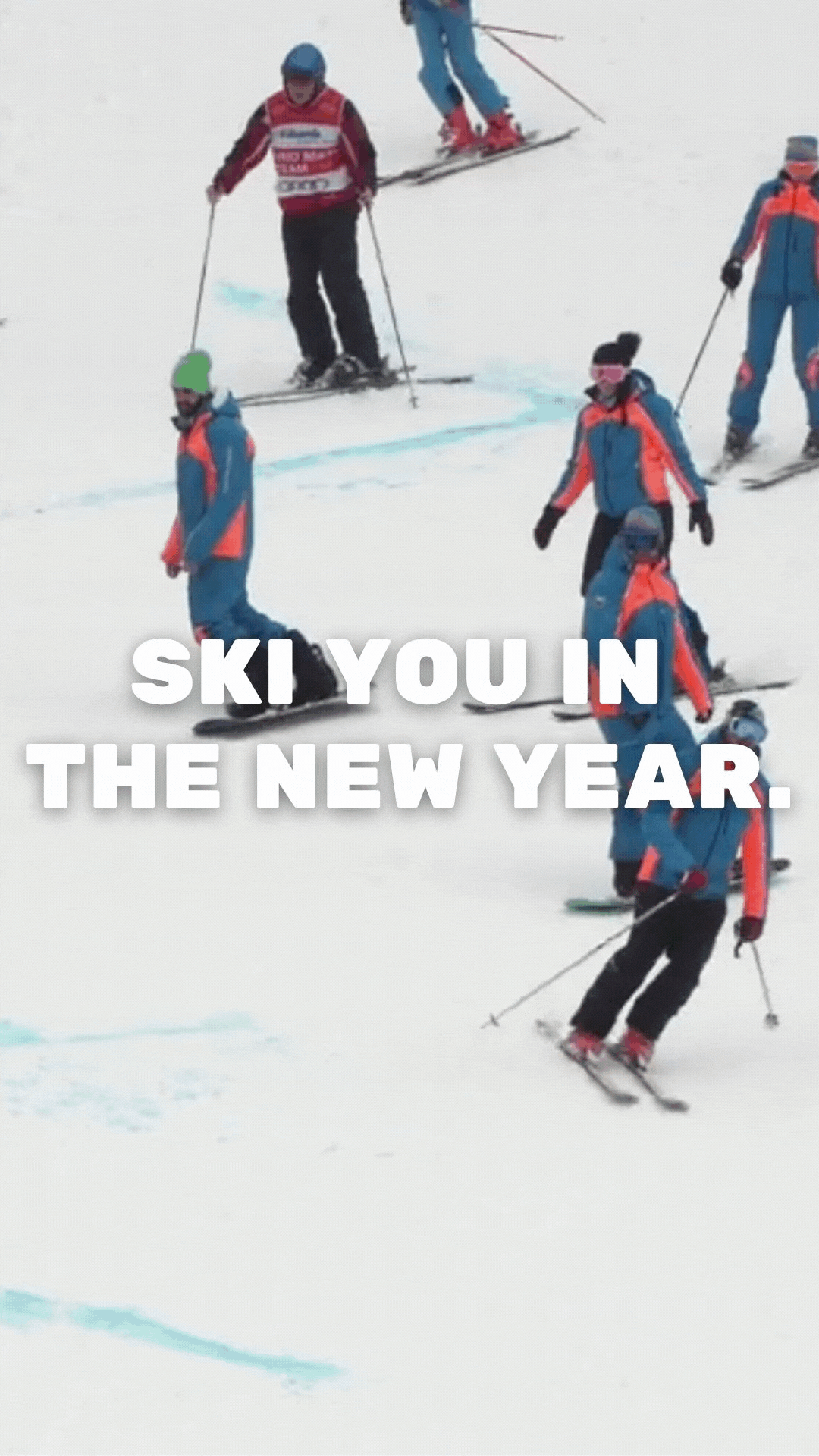 Group of skiers hitting the slopes like it’s their New Year’s resolution, with bold text “Ski You in the New Year.” Perfectly captures the snow-day spirit of Greetigram’s funny 2026 ski-themed New Year eCard.