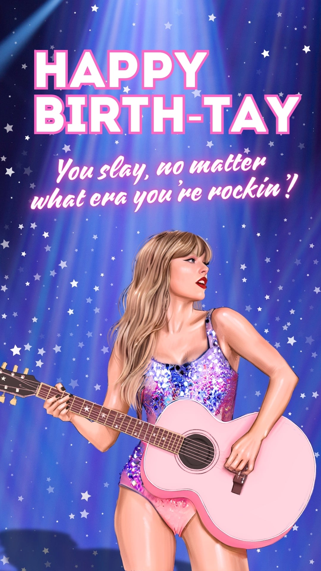 Birthday ecard featuring Taylor Swift holding a pink guitar, with a purple background and text that reads 'HAPPY BIRTH-TAY'.