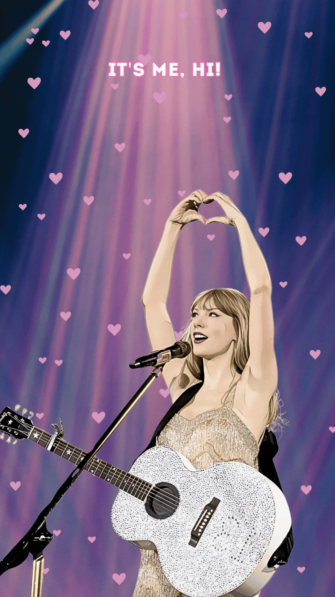 A digital greeting Valentine's Day card featuring Taylor Swift with a guitar, singing, and holding a heart, surrounded by pink and blue hearts and a cartoon image of a cat.