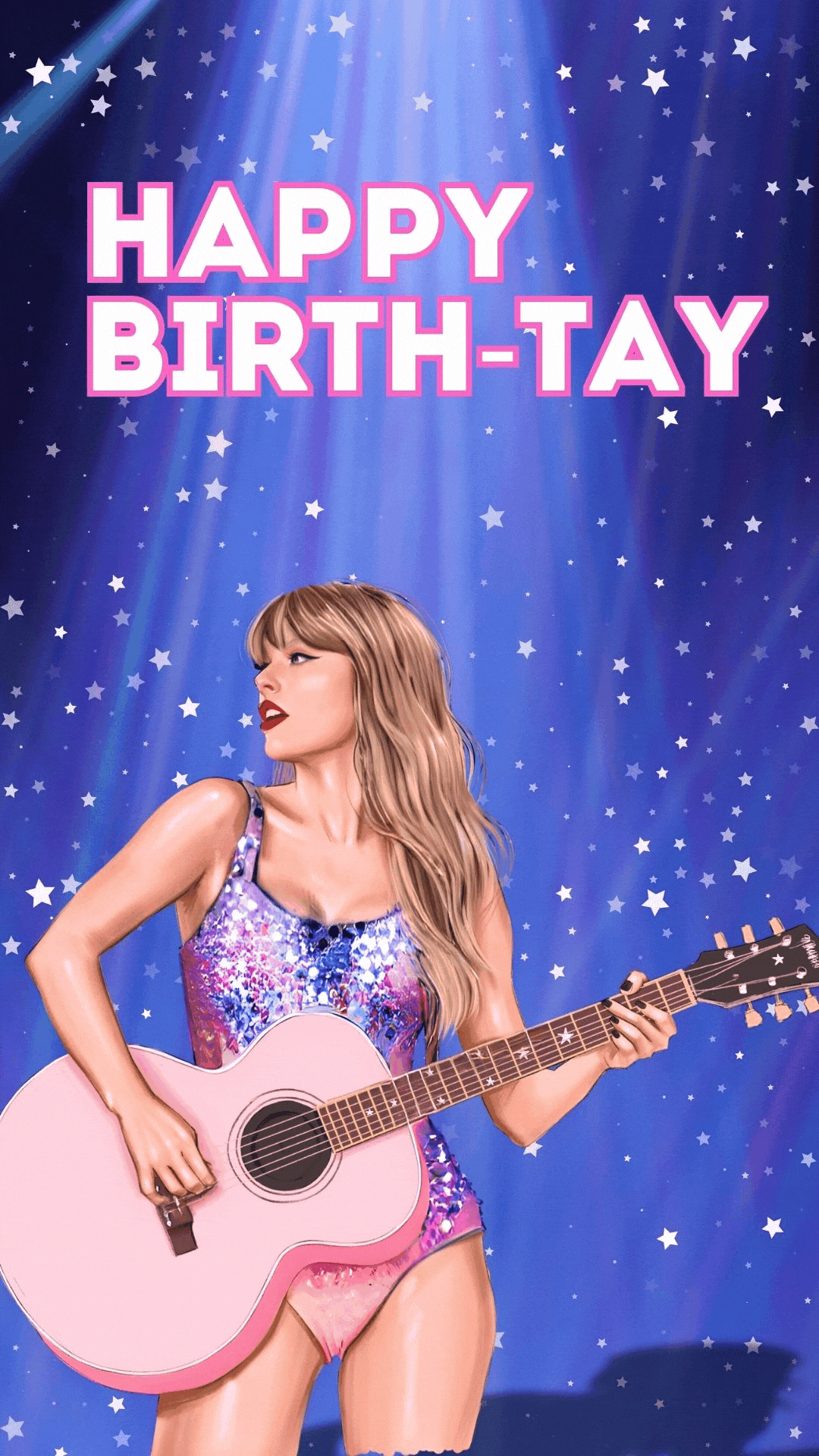Birthday ecard featuring Taylor Swift holding a pink guitar, with a purple background and text that reads 'HAPPY BIRTH-TAY'.