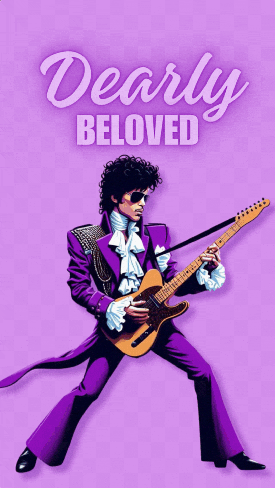 A Prince-inspired birthday eCard featuring an illustration of a person playing a guitar in a purple outfit against a purple background with the text 'Dearly Beloved'.