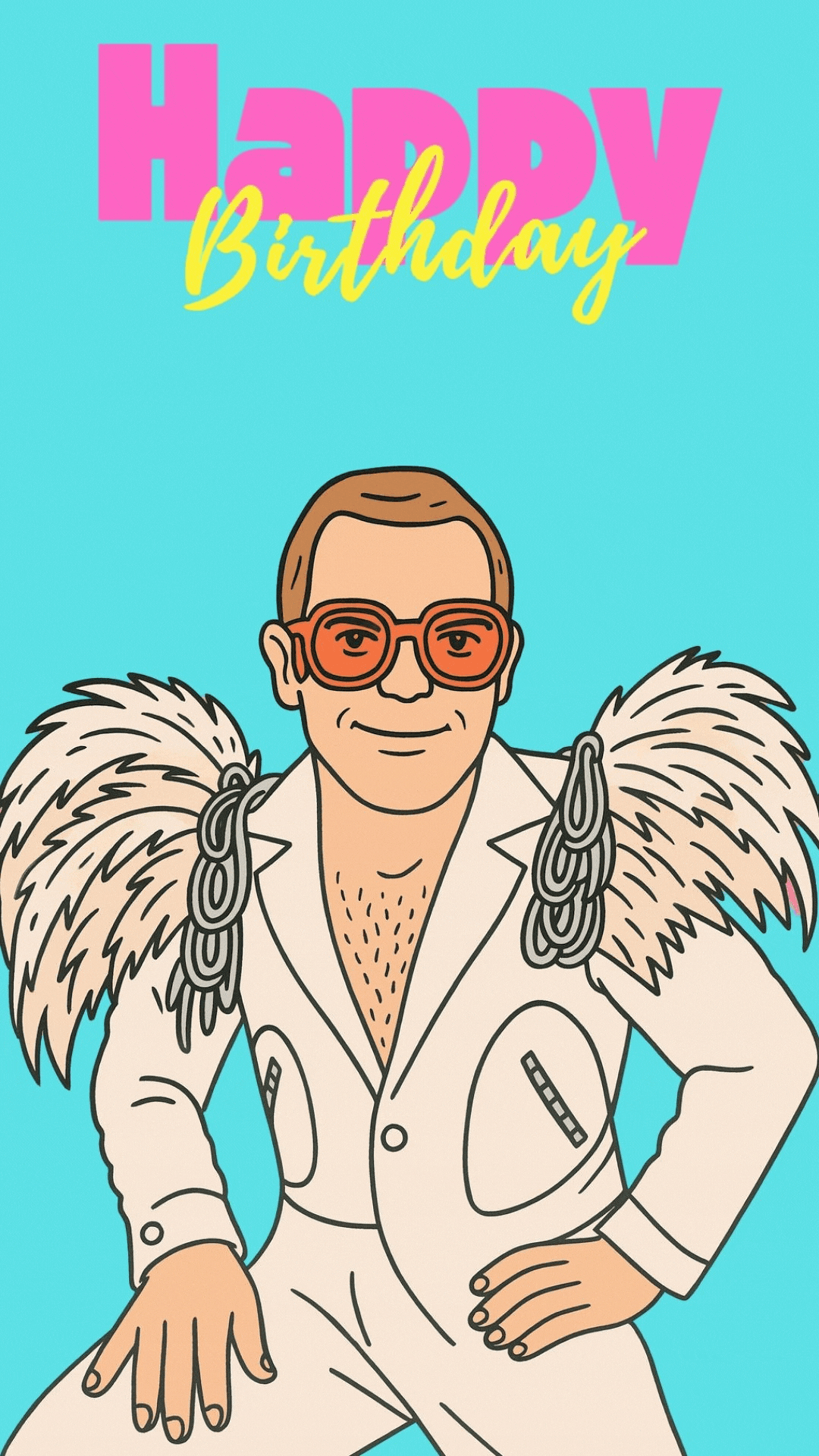 Elton John birthday video eCard — glittery pop-art style with sunglasses and piano, captioned ‘Still Standing,’ bursting with glam and energy.